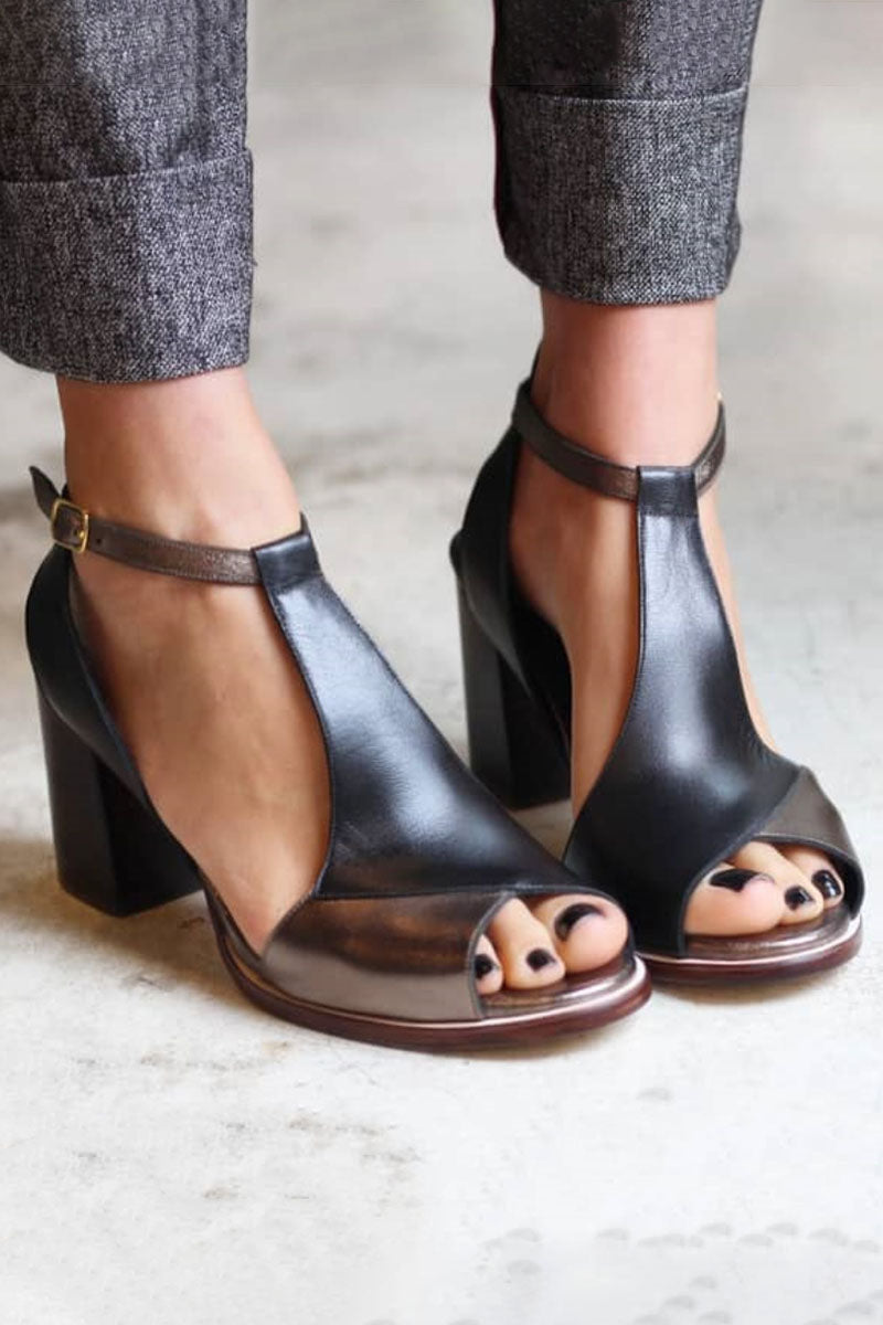 Nadaria | Black patchwork peep toe sandals with heel