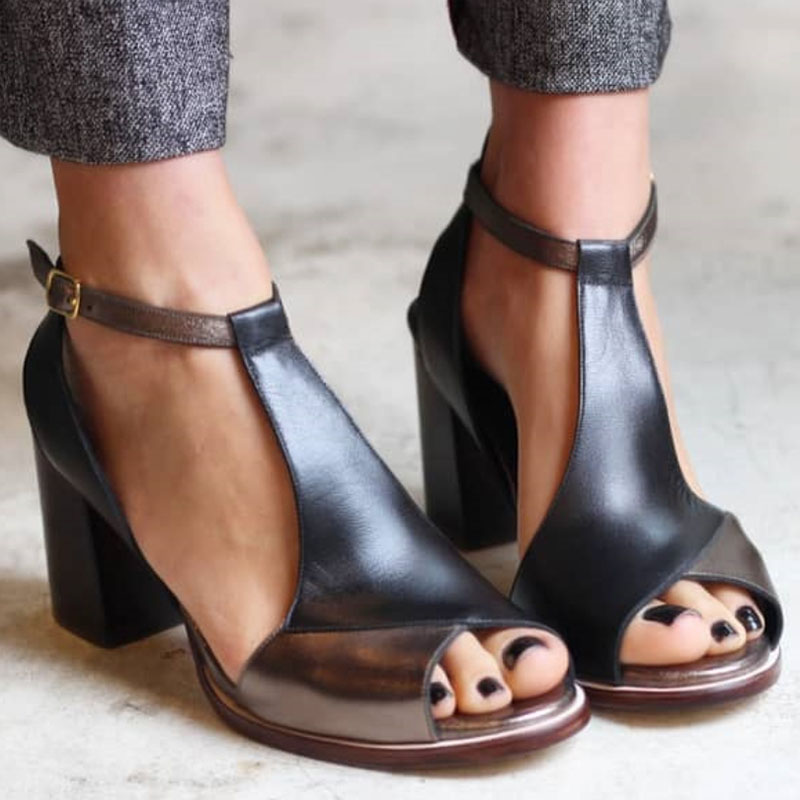 Nadaria | Black patchwork peep toe sandals with heel
