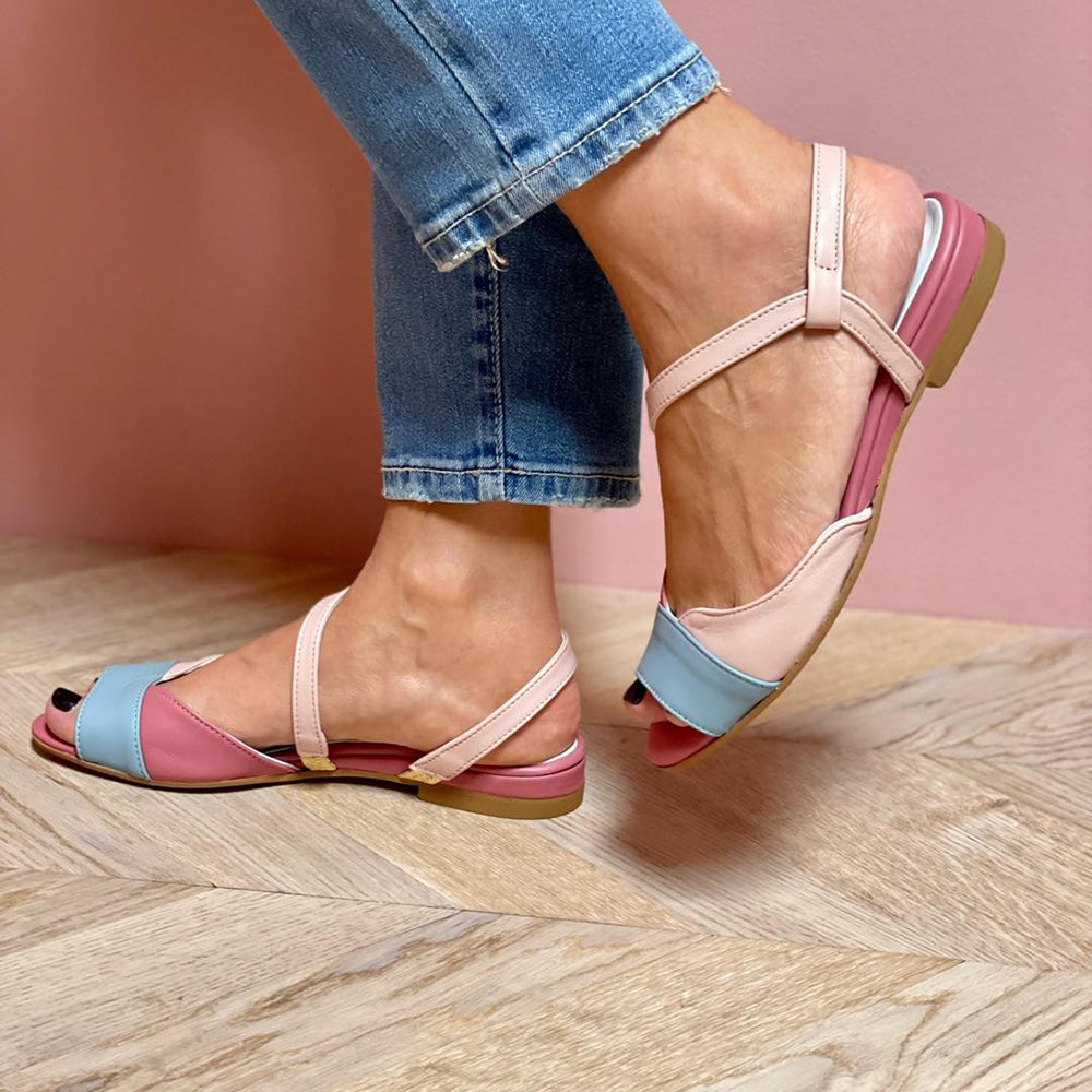 Roselina | Pink asymmetrical sandals in color block style