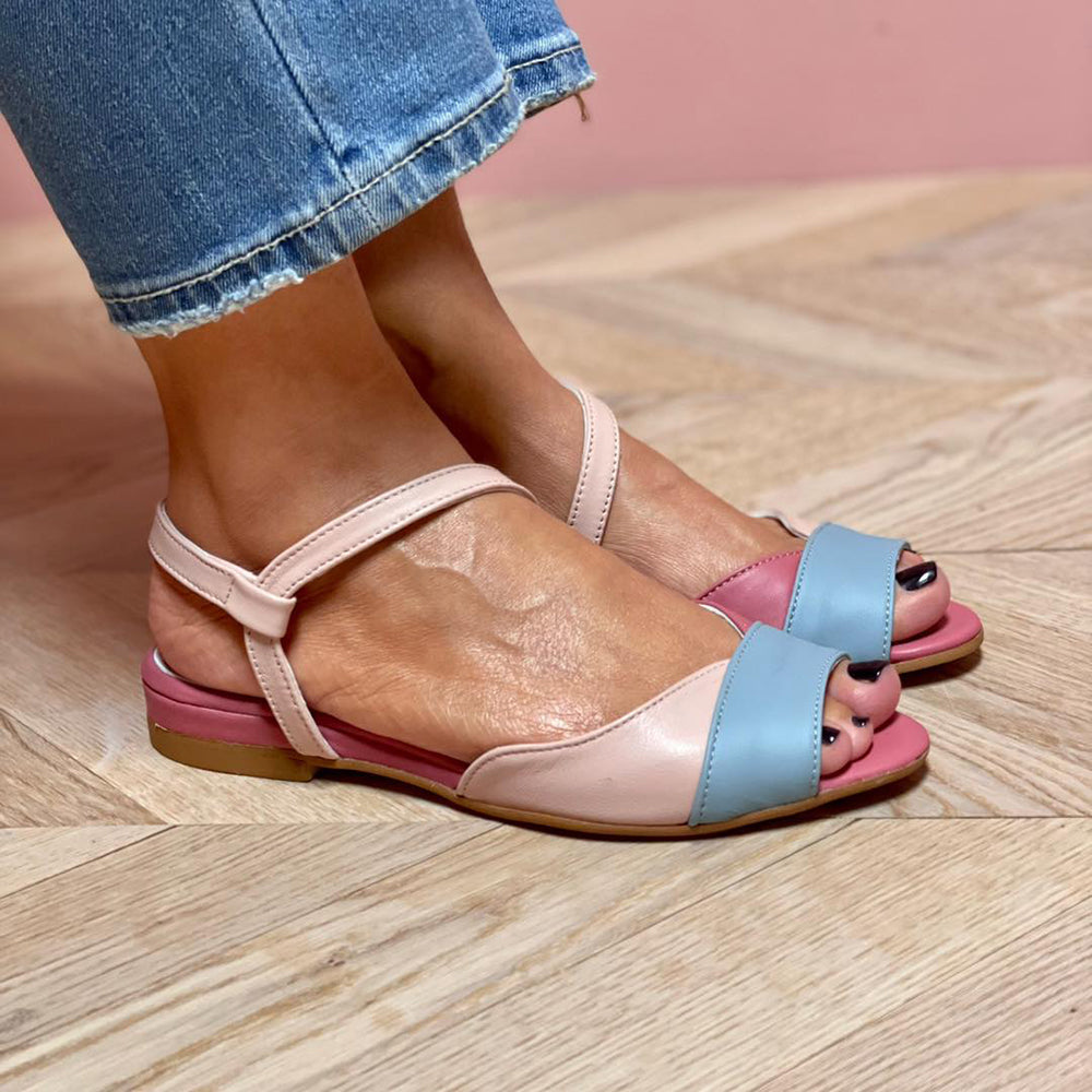 Roselina | Pink asymmetrical sandals in color block style